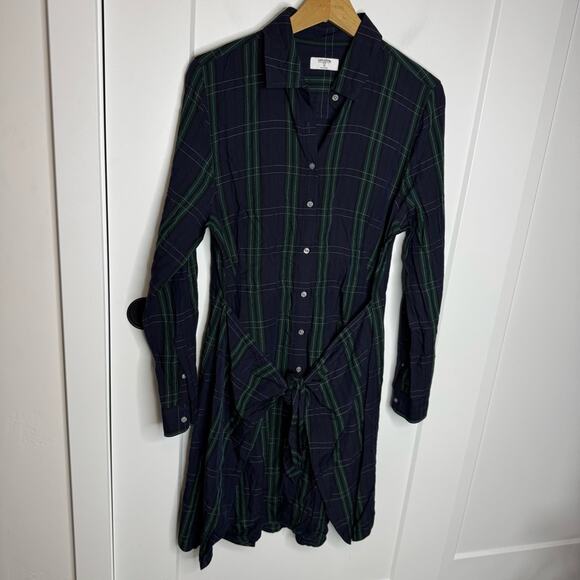 Untuckit Devon Navy Blue Plaid Print Button Down Waist Tie Shirt Dress Size 10 - Picture 2 of 7